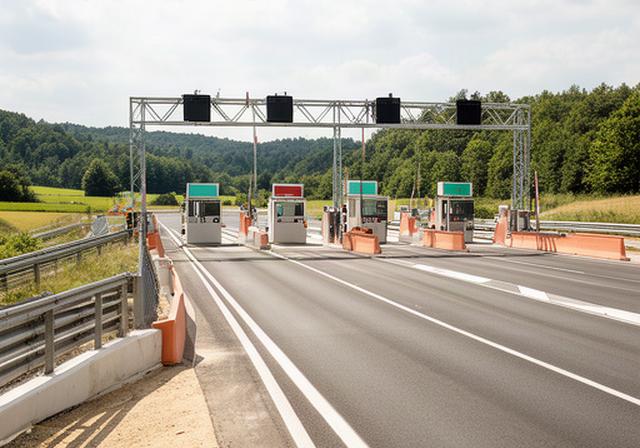 Technische Straßeninfrastruktur mit Mautstation und Leitmarkierungen bei Tageslicht