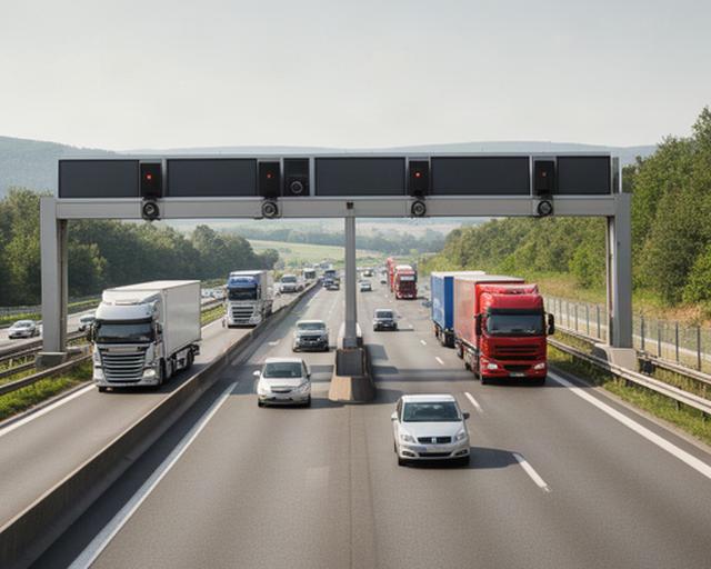 Mautbrücke über einer mehrspurigen Autobahn bei Tageslicht mit vorbeifahrenden Lastkraftwagen
